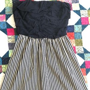 Strapless navy and cream striped dress